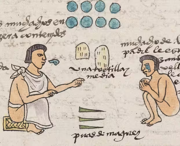 Father warning his eight-year-old son about maguey thorn punishment while the boy cries in fear, with eight dots above indicating age
