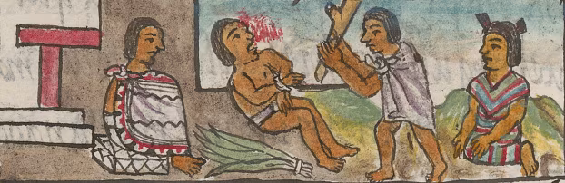 Execution by clubbing of a merchant for assaulting a woman, with the judge on left, victim on right, and accused being clubbed in center