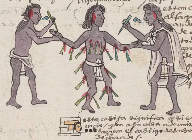 Two senior priests holding a novice priest upright while inserting maguey spines into his torso, arms and legs for leaving school three days