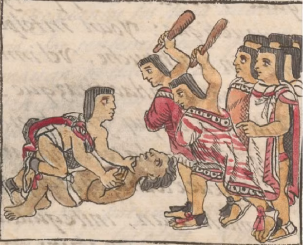 Public execution scene showing a prisoner being clubbed to death as punishment for drunkenness