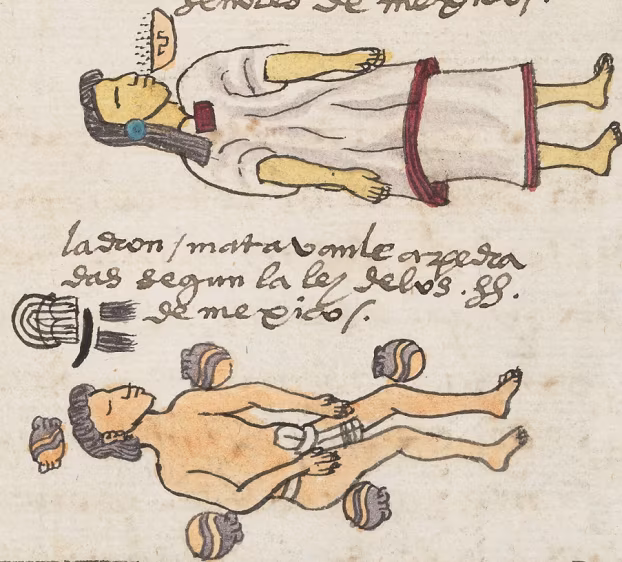 Two scenes showing a woman being killed for intoxication above and a thief being executed by stoning below