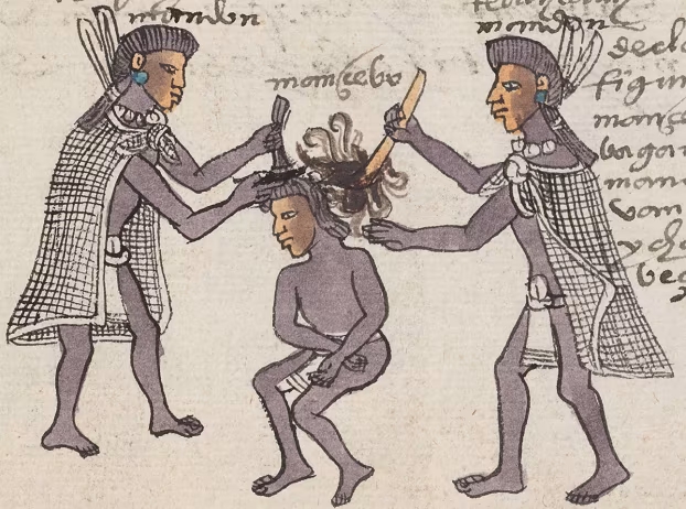 Two officials holding down a youth while burning his hair with a pine torch for vagrancy and avoiding warrior training